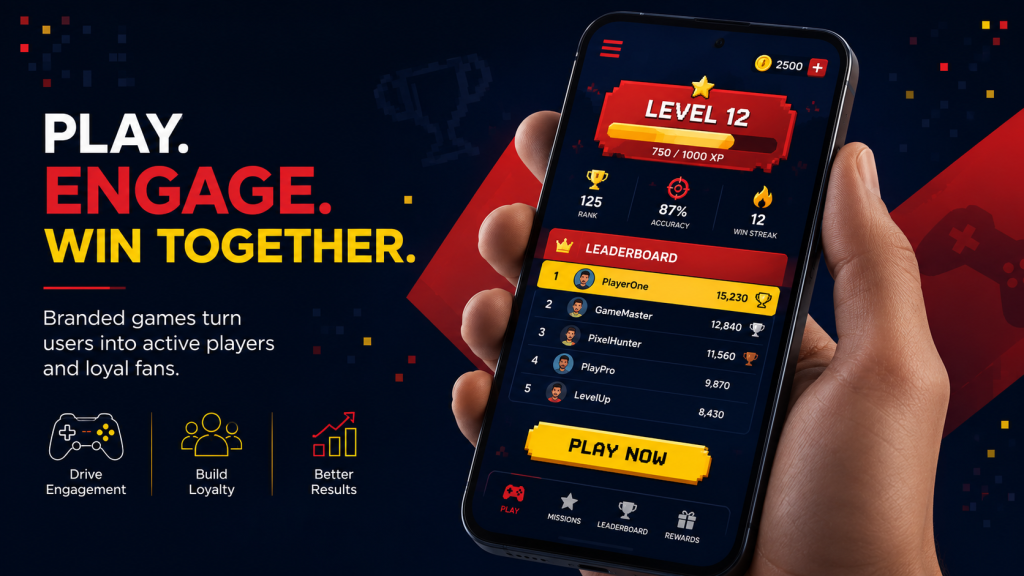 Illustration of a smartphone screen showing a branded mobile game interface with a leaderboard, in red, yellow and navy brand colours.