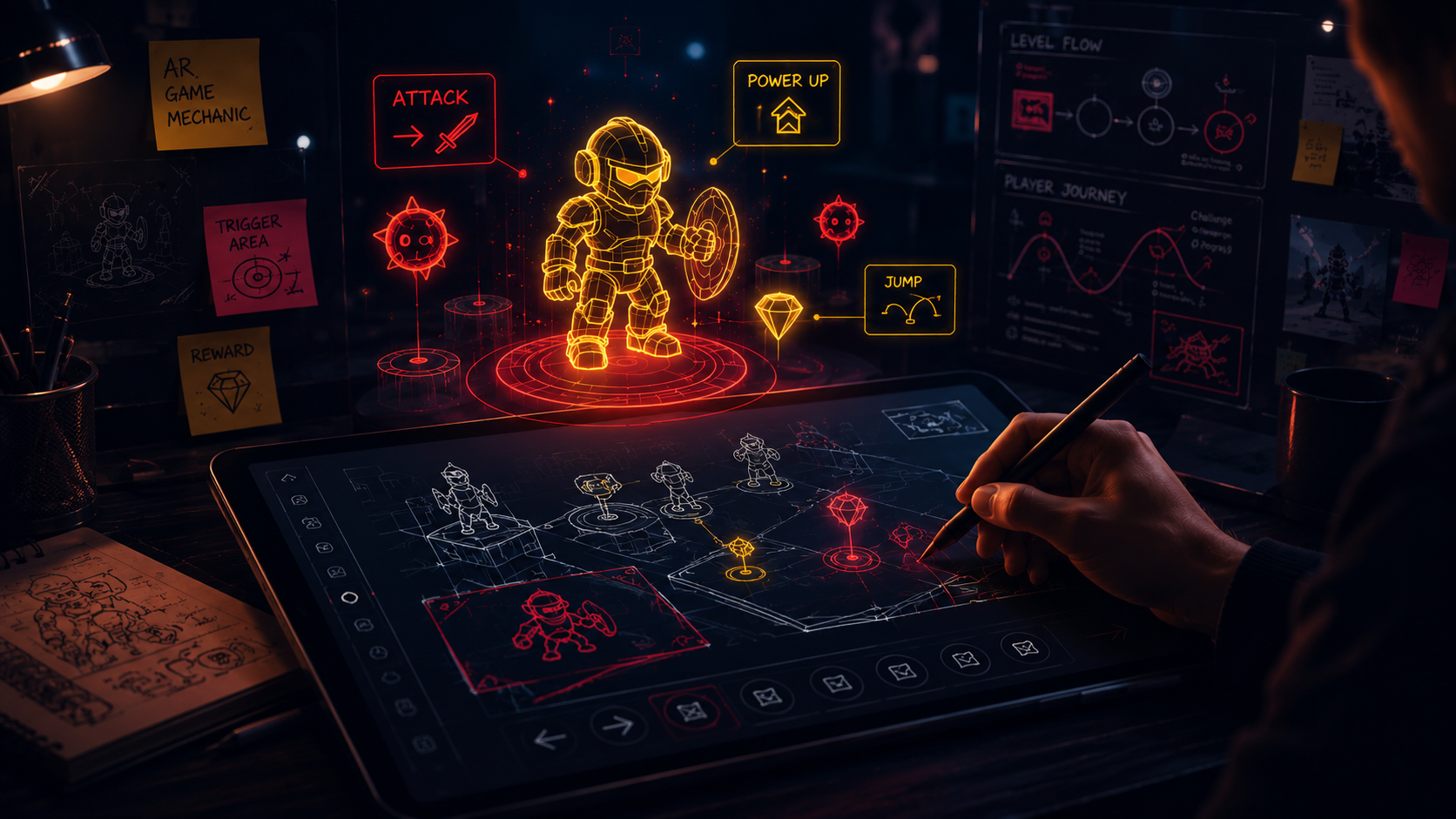Game designer sketching an AR game concept with a holographic 3D character above a digital tablet
