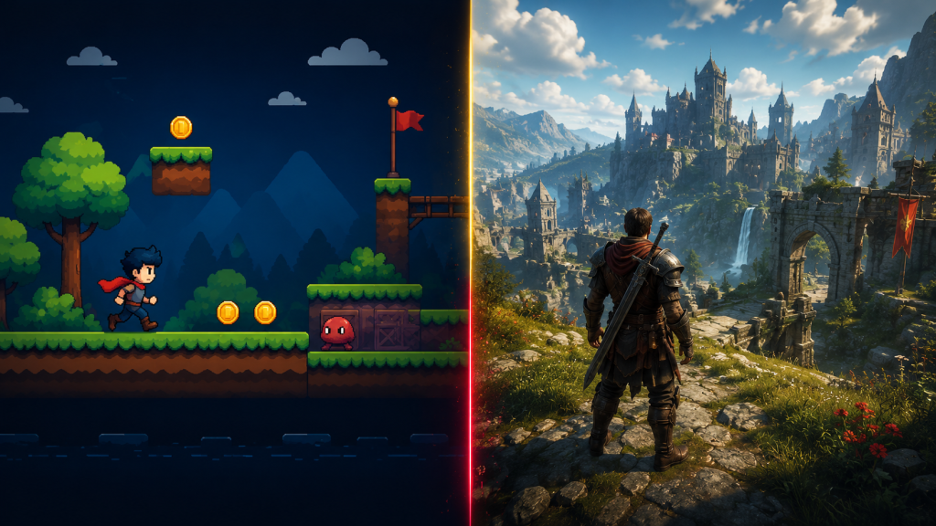 2D vs 3D game development compared — a flat 2D game beside an immersive 3D game