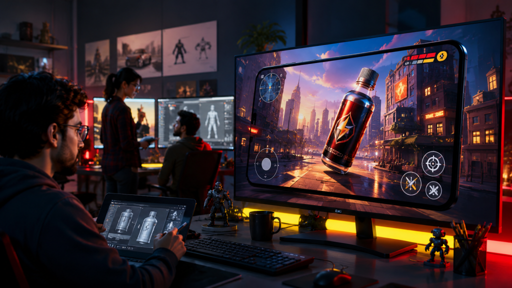 3D game development for business — a studio team building a 3D branded game