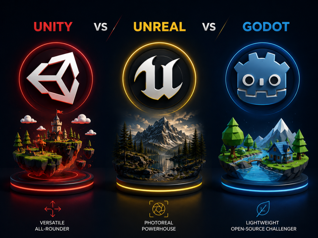 Unity vs Unreal vs Godot comparison for 3D game development